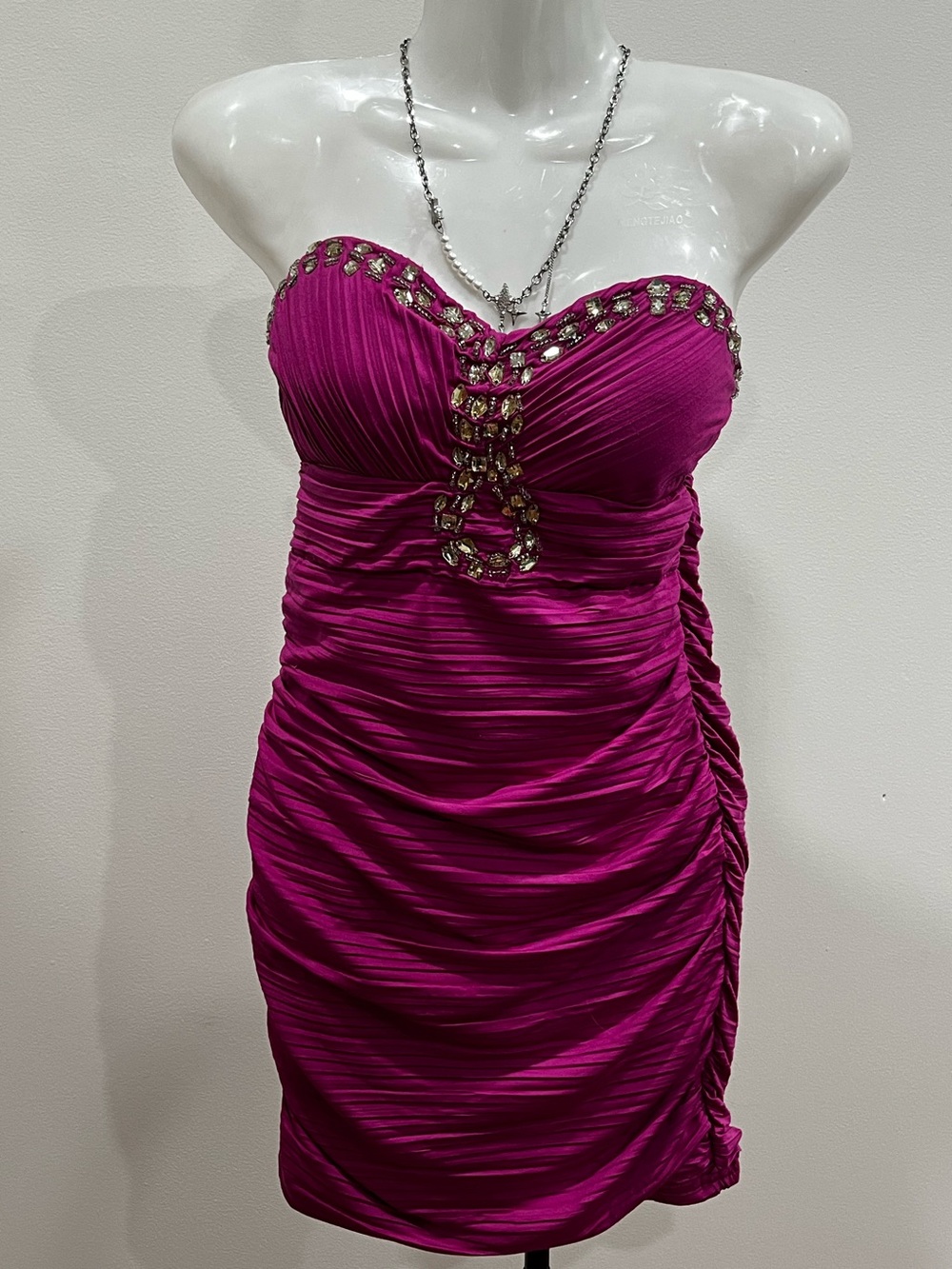 Strapless Ruched Fuchsia Cocktail Dress with Rhinestone Accent